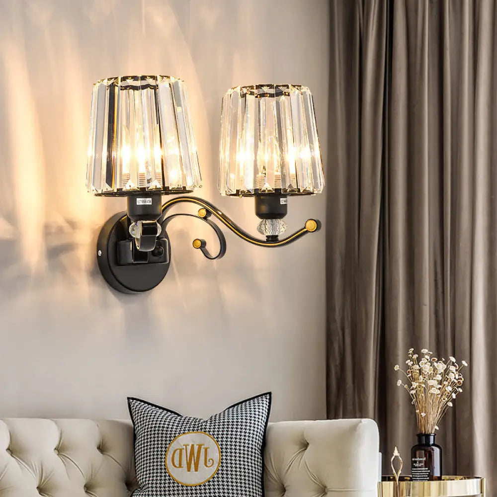 Modern Clear Glass Conic Wall Lamp - 1/2-Bulb Black Sconce Lighting With Crystal Decor 2 /