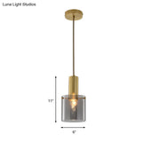 Modern Clear Glass Cylinder Pendant Light - 1 Head Brass Hanging Ceiling For Dining Room