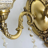 Modern Clear Glass Flower Wall Sconce Light With Crystal Drop - 1/2 Heads Brass Mounted
