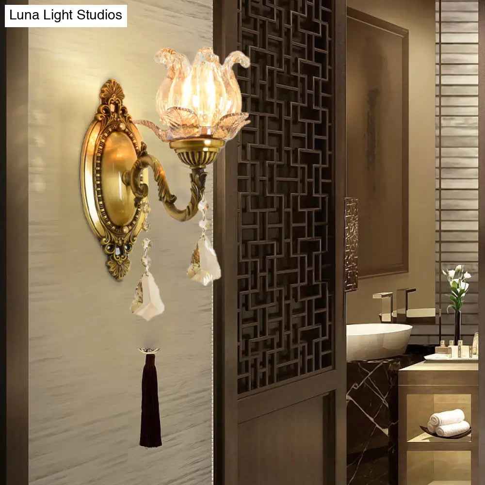 Modern Clear Glass Flower Wall Sconce Light With Crystal Drop - 1/2 Heads Brass Mounted
