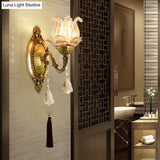 Modern Clear Glass Flower Wall Sconce Light With Crystal Drop - 1/2 Heads Brass Mounted
