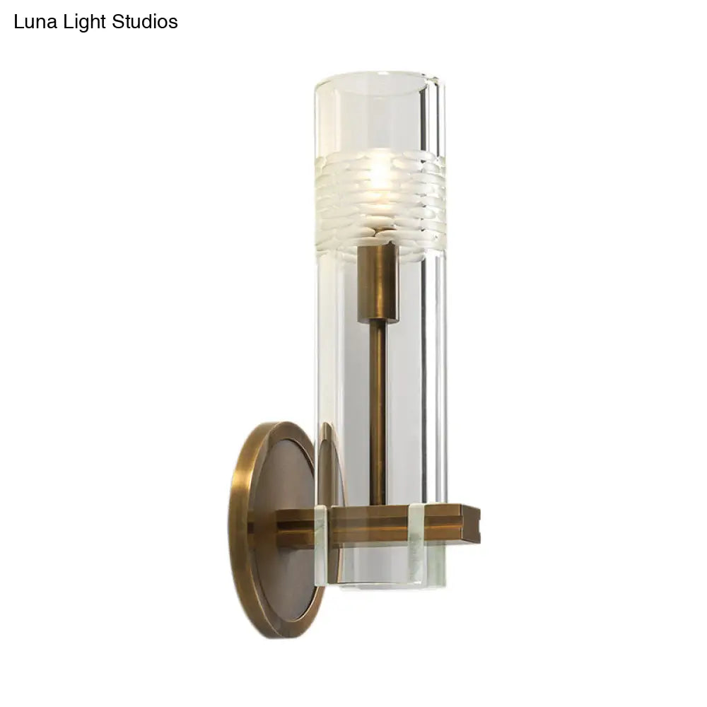Modern Clear Glass Sconce With Brass Metal Arm And 1 Bulb Wall Light Fixture