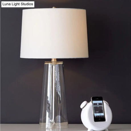 Modern Clear Handblown Glass Tapered Table Lamp With White Fabric Shade - Single Living Room