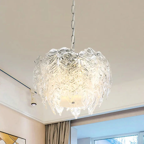 Modern Clear Textured Glass Leaf Pendant Chandelier - 10 Head Bedroom Suspension Lighting
