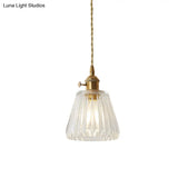 Modern Cone Hanging Ceiling Light - 1 Ribbed Glass Pendant In Brass