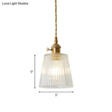 Modern Cone Hanging Ceiling Light - 1 Ribbed Glass Pendant In Brass