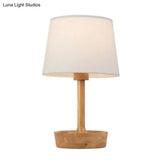 Modern Cone Shade Fabric Task Lamp - Flaxen/White Reading Light With Round Beige Wood Base