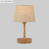 Modern Cone Shade Fabric Task Lamp - Flaxen/White Reading Light With Round Beige Wood Base