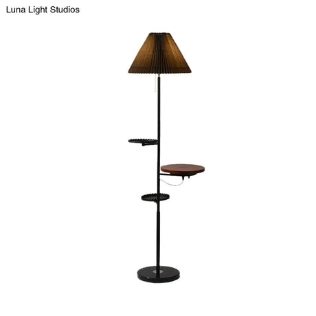 Modern Cone Stand Up Lamp: 1-Bulb Floor Reading Light With Wood Shelves In Black