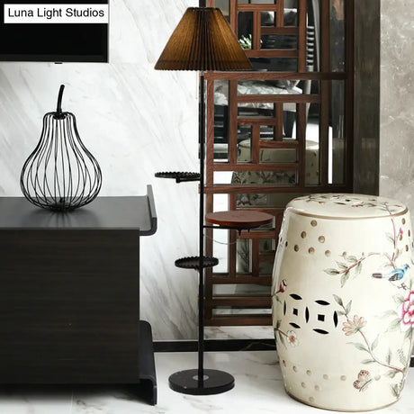 Modern Cone Stand Up Lamp: 1-Bulb Floor Reading Light With Wood Shelves In Black