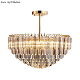 Modern Conic Semi-Mount Gold Crystal Ceiling Light Fixture With 10 Faceted Lights And Tiered Design