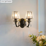 Modern Conical Crystal Wall Sconce With Black And Gold 2-Light For Living Room