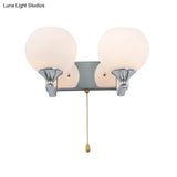 Modern Cream Glass 2-Head Wall Mount Light Fixture With Pull Chain - Chrome Lamp