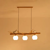 Modern Cream Glass Wood Pendant Light With White Bird Deco - Dome Island Fixture 3 /