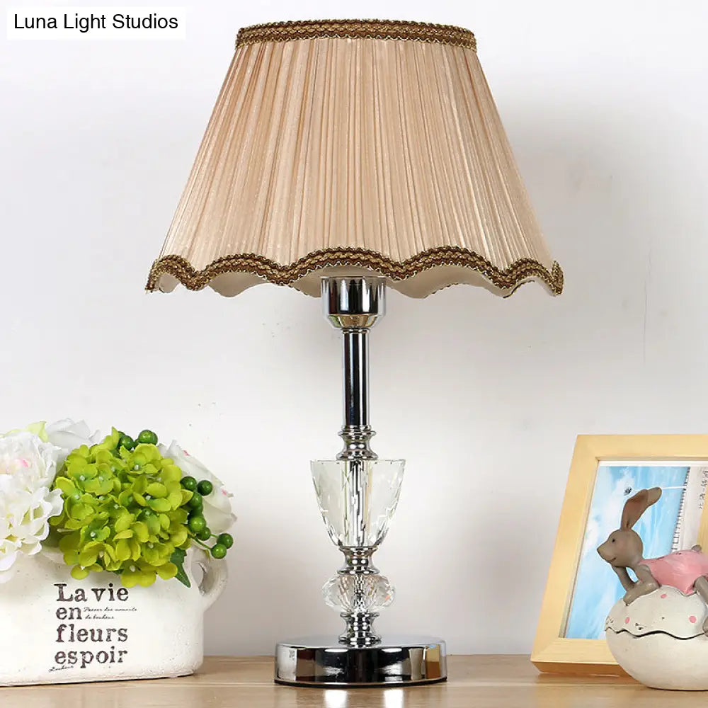 Modern Crystal 1-Light Beige Table Lamp With Gathered Empire Shade