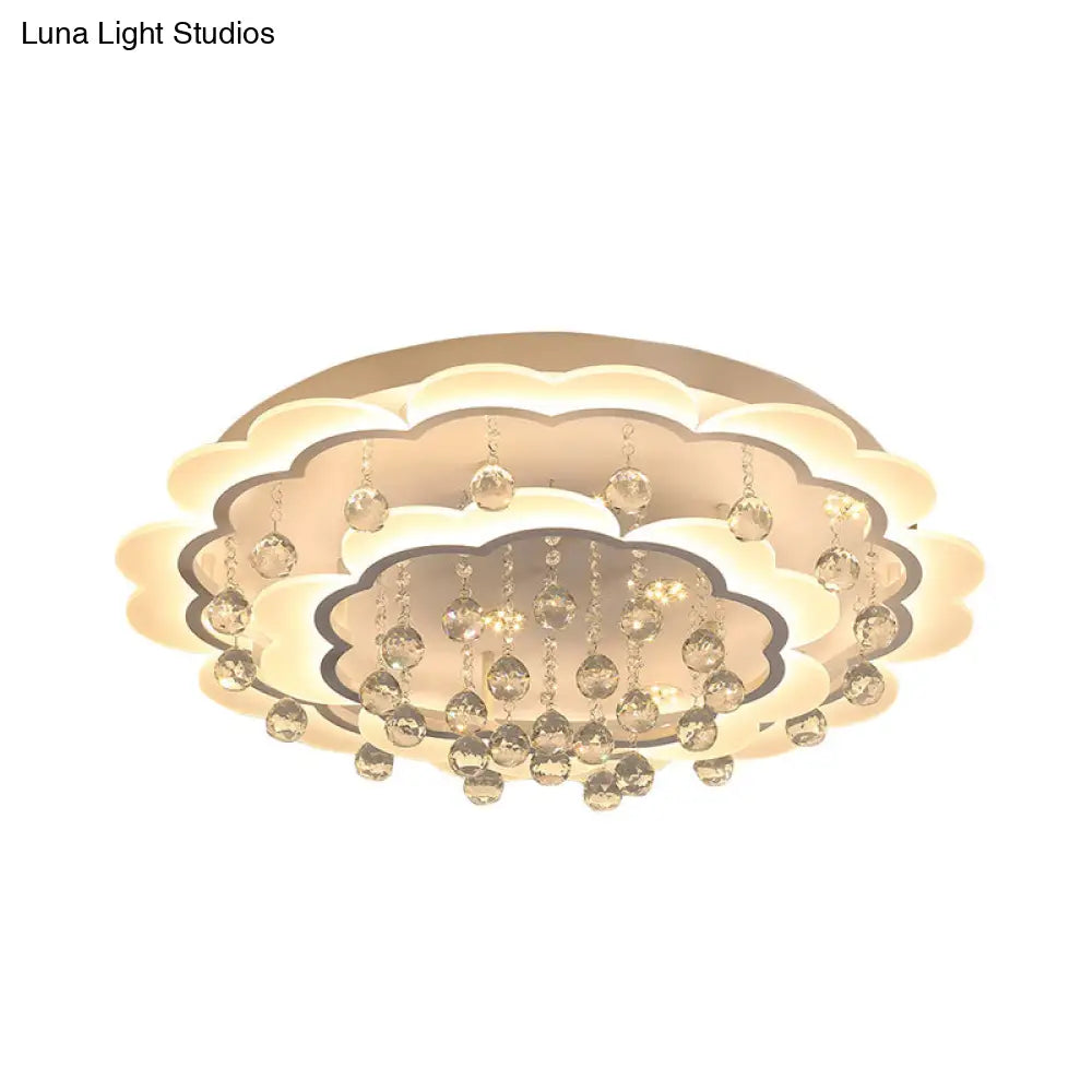 Modern Crystal Ball Flush Mount Light - White Flower Design 22’/25.5’/31.5’ Wide Led Ceiling
