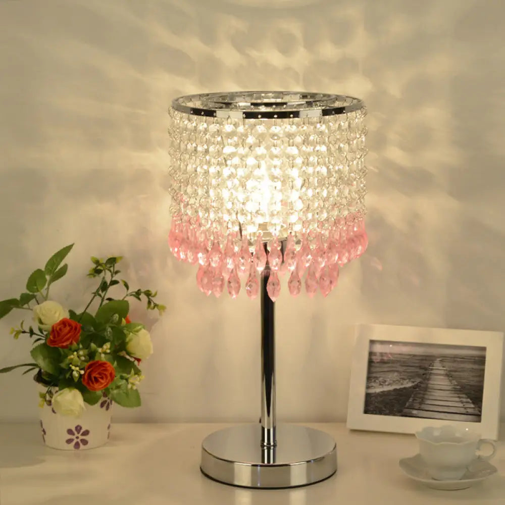 Modern Crystal Beaded Table Lamp - Red/Pink/Purple Tassel Design Single-Bulb Nightstand Light For