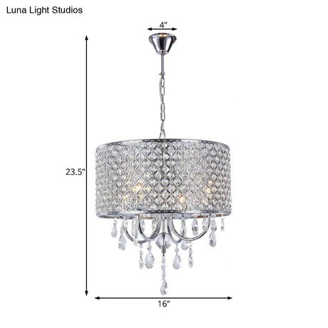 Modern Crystal Black/Chrome Pendant Drum Chandelier - 4 Lights Rustic Dining Room Light Fixture