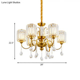 Modern Crystal Block 6-Light Cylinder Pendant Chandelier With Gold Finish - Ideal For Living Room