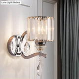 Modern Crystal Block Cylinder Wall Sconce In Chrome - Bedroom Light Fixture
