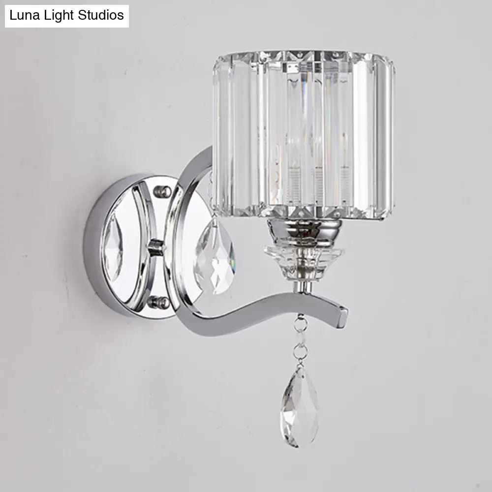 Modern Crystal Block Cylinder Wall Sconce In Chrome - Bedroom Light Fixture