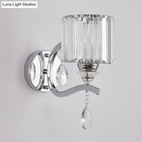Modern Crystal Block Cylinder Wall Sconce In Chrome - Bedroom Light Fixture