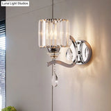 Modern Crystal Block Cylinder Wall Sconce In Chrome - Bedroom Light Fixture