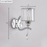 Modern Crystal Block Cylinder Wall Sconce In Chrome - Bedroom Light Fixture