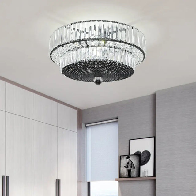 Modern Crystal Block Drum Flushmount Lamp With 4 Lights In Black