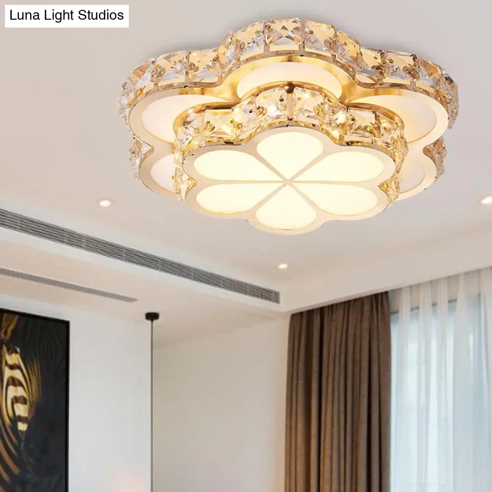 Modern Crystal Block Flower Flush Mount Led Ceiling Light Fixture 10’/12’/14’ W White