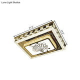 Modern Crystal Block Led Ceiling Light With Folding Fan Pattern In Chrome - Oblong Drawing Room