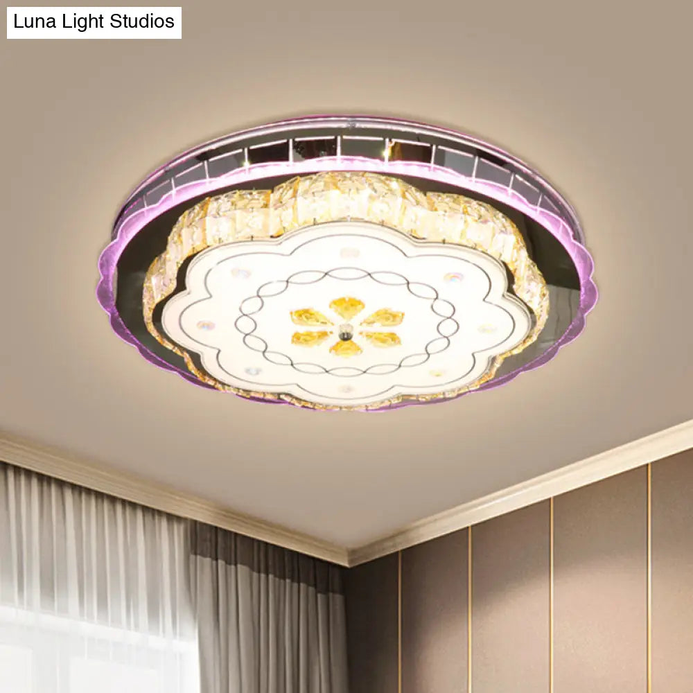 Modern Crystal Block Led Flush Ceiling Lamp In Stainless Steel With Floral Design