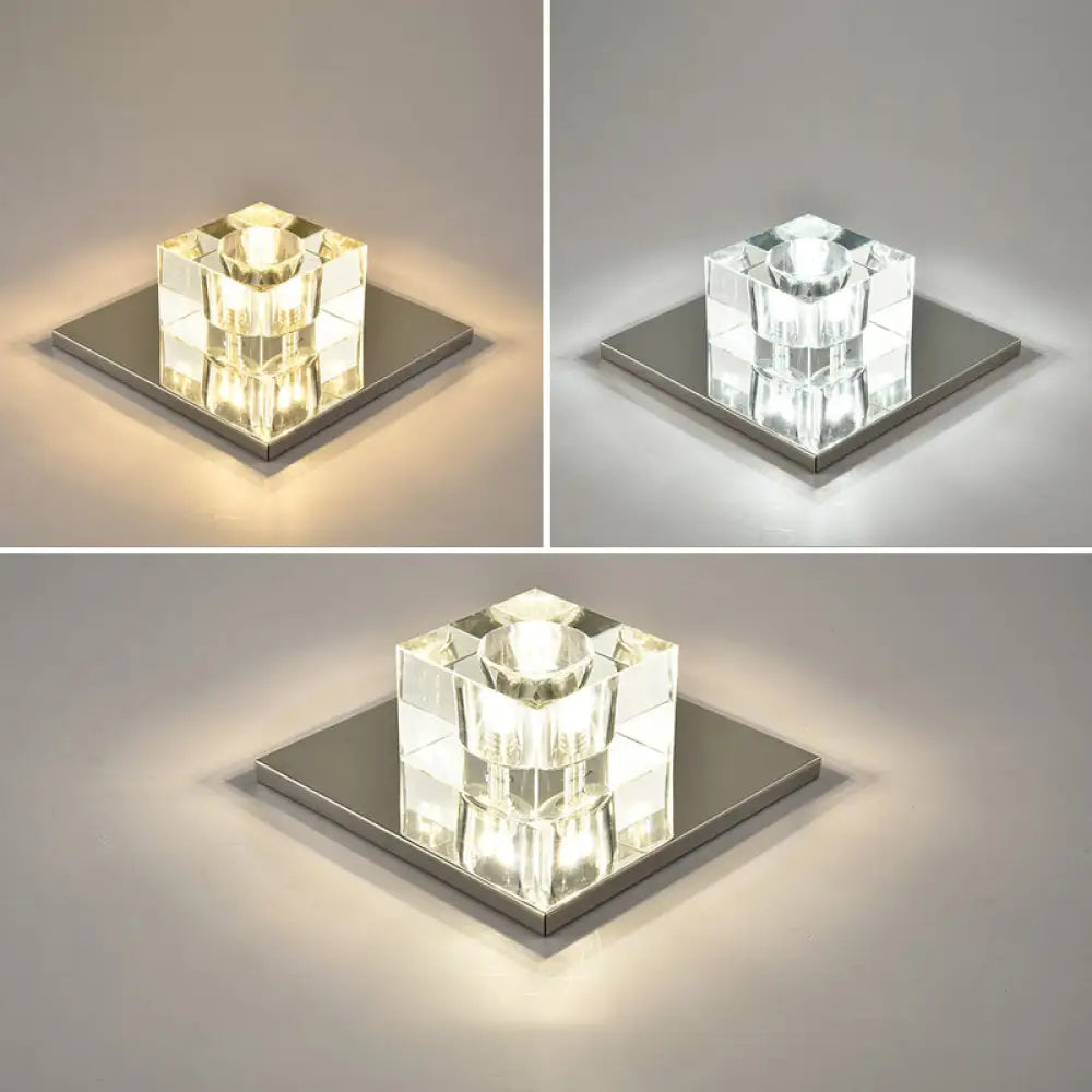 Modern Crystal Block Mini Flush Ceiling Light With Clear Led - Ideal For Corridor / 7’ Third Gear