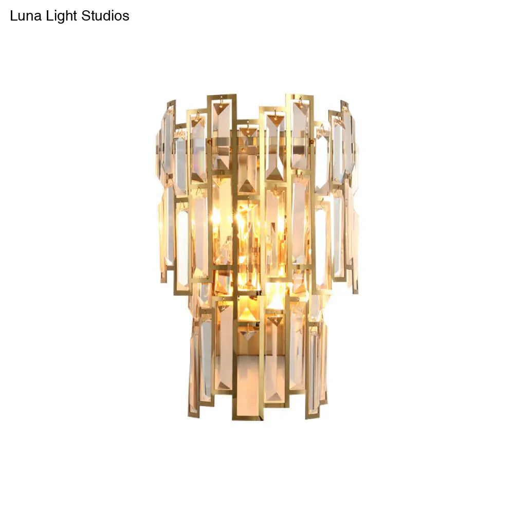Modern Crystal Block Wall Light With Golden Metal Frame - Flush Mount Sconce Lighting (2 Bulbs)
