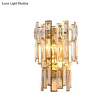 Modern Crystal Block Wall Light With Golden Metal Frame - Flush Mount Sconce Lighting (2 Bulbs)