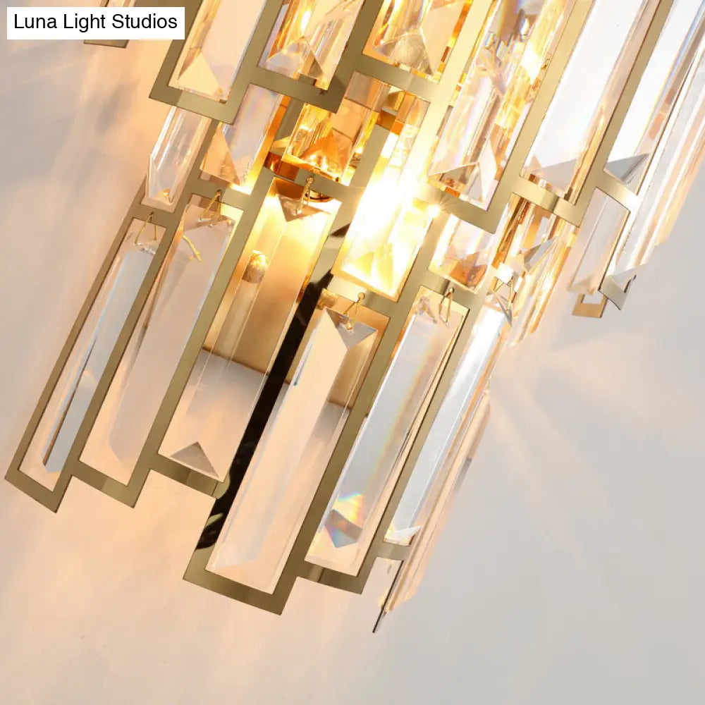 Modern Crystal Block Wall Light With Golden Metal Frame - Flush Mount Sconce Lighting (2 Bulbs)
