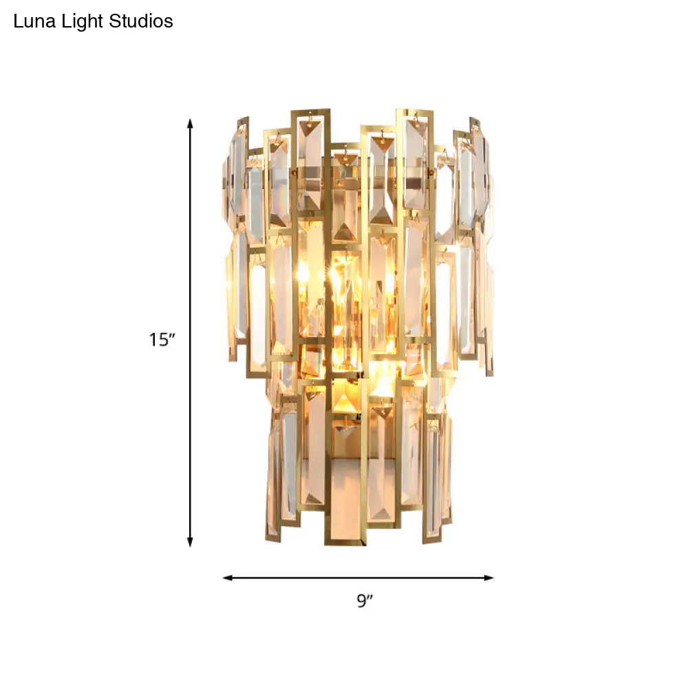Modern Crystal Block Wall Light With Golden Metal Frame - Flush Mount Sconce Lighting (2 Bulbs)