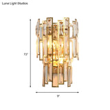 Modern Crystal Block Wall Light With Golden Metal Frame - Flush Mount Sconce Lighting (2 Bulbs)