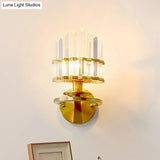 Modern Crystal Block Wall Sconce - Round Gold Living Room Lamp