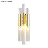Modern Crystal Brass Flute Wall Mount Sconce Light Fixture For Living Room - 3 Lights