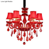 Modern Crystal Chandelier Pendant Light With Red Shade - 6/18 Lights 23.5/37.5 Wide