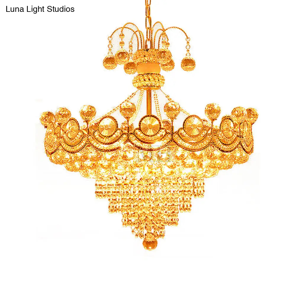 Modern Crystal Cone Chandelier Light - 10-Light Gold Ceiling Fixture For Dining Room