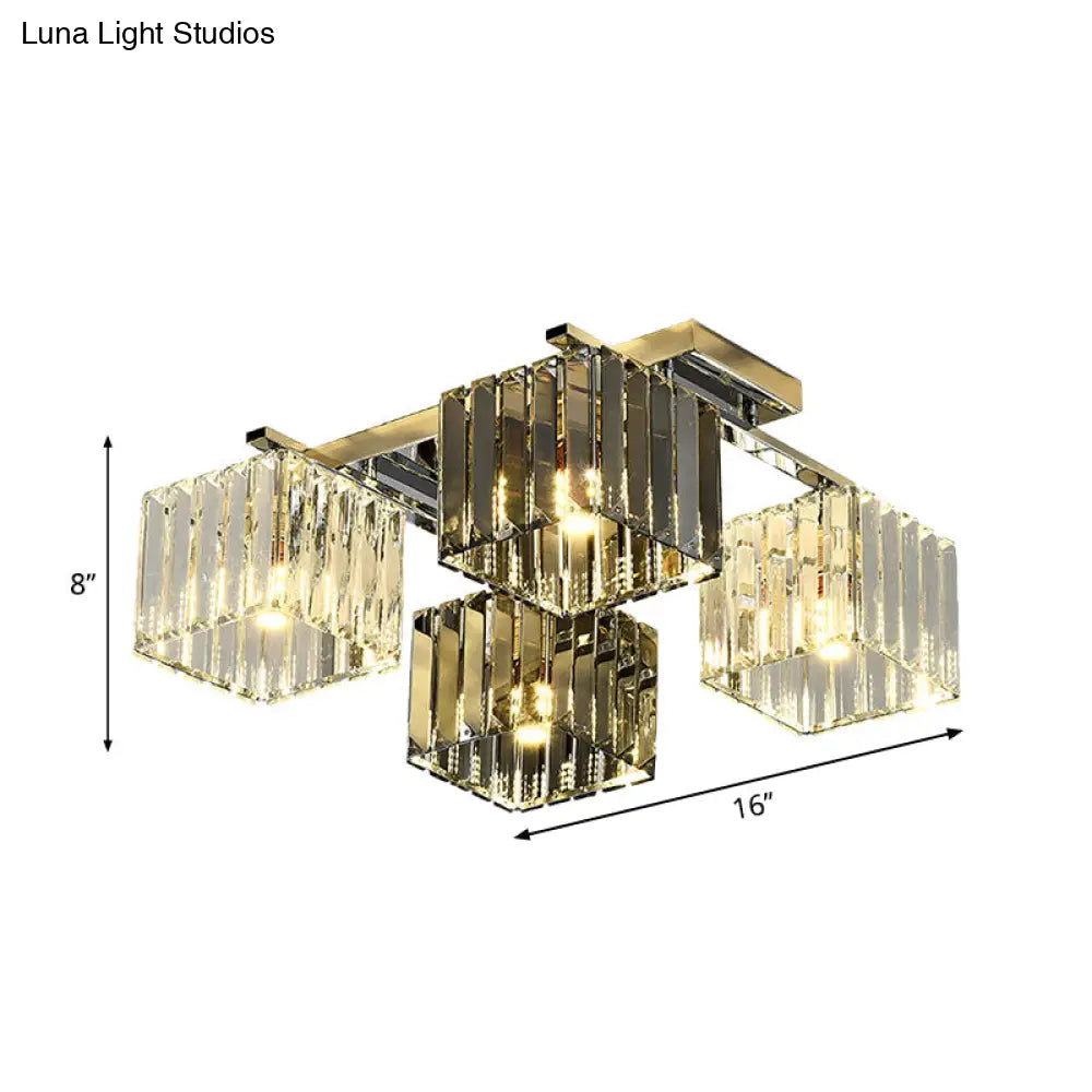 Modern Crystal Cube Flush Ceiling Lamp | Polished Chrome 4/6/9 Lights