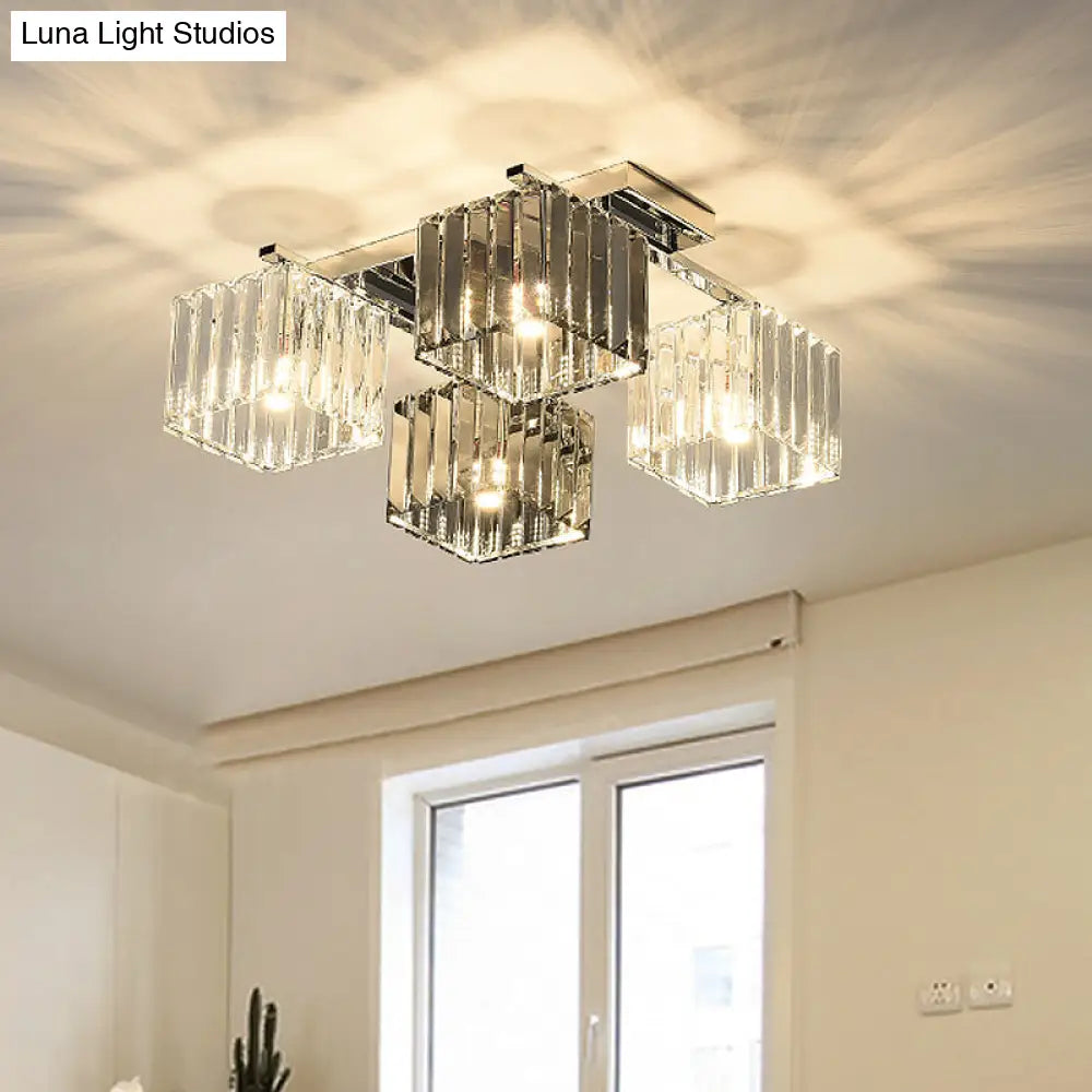 Modern Crystal Cube Flush Ceiling Lamp | Polished Chrome 4/6/9 Lights