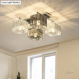 Modern Crystal Cube Flush Ceiling Lamp | Polished Chrome 4/6/9 Lights