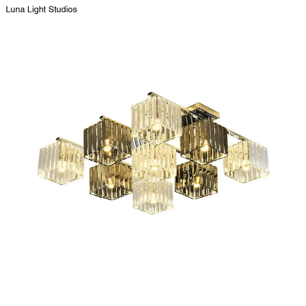 Modern Crystal Cube Flush Ceiling Lamp | Polished Chrome 4/6/9 Lights