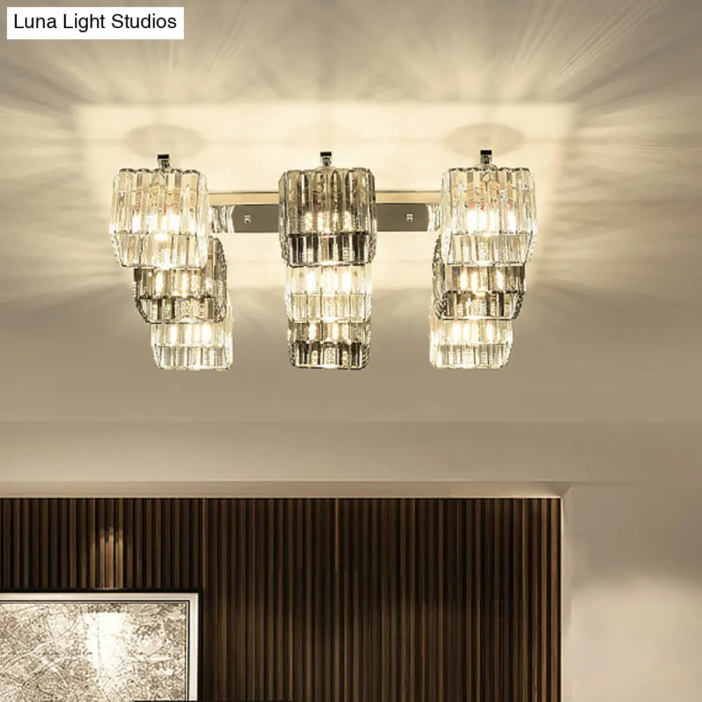 Modern Crystal Cube Flush Ceiling Lamp | Polished Chrome 4/6/9 Lights