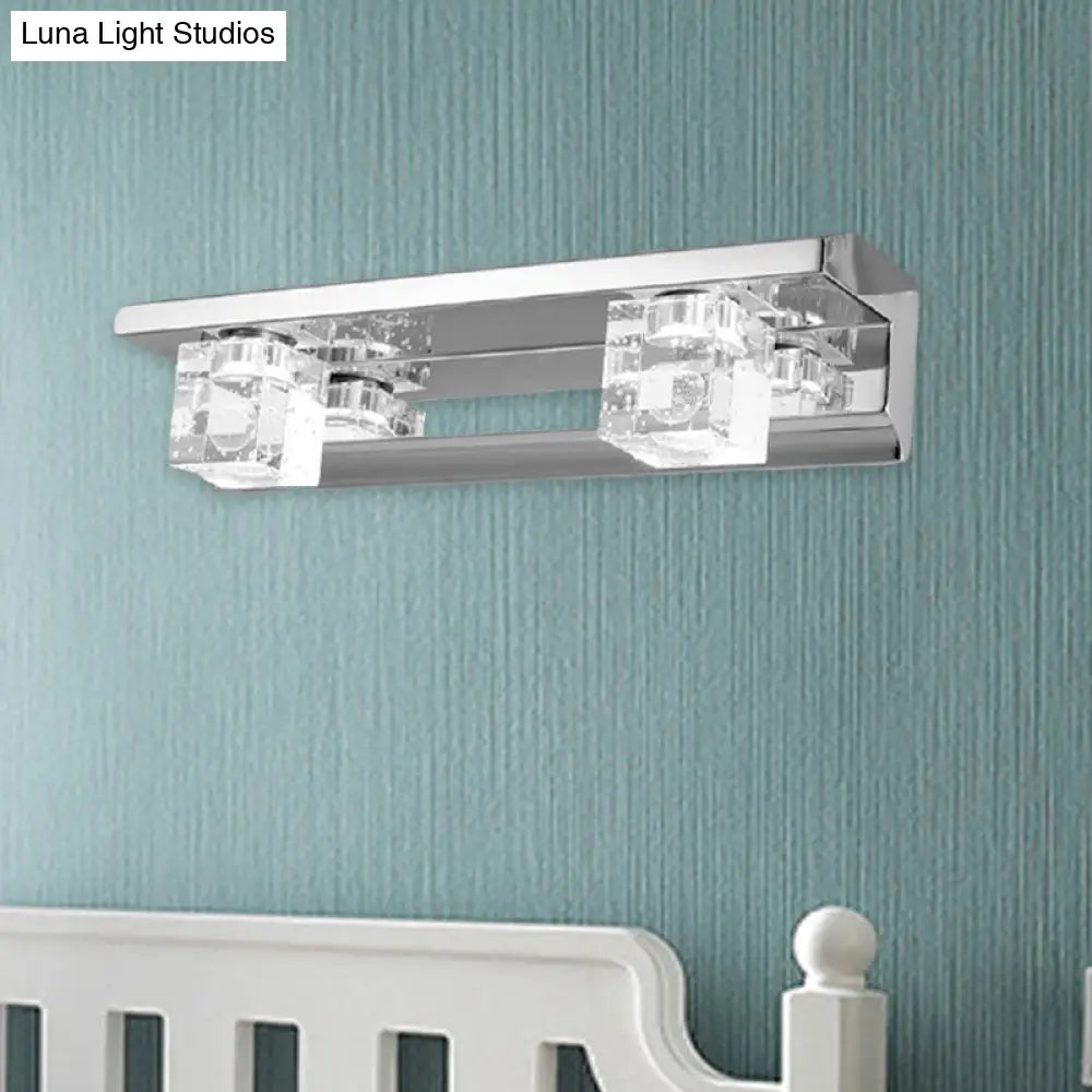 Modern Crystal Cube Led Vanity Sconce In Chrome Finish - 2/3 Heads Warm/White Lighting