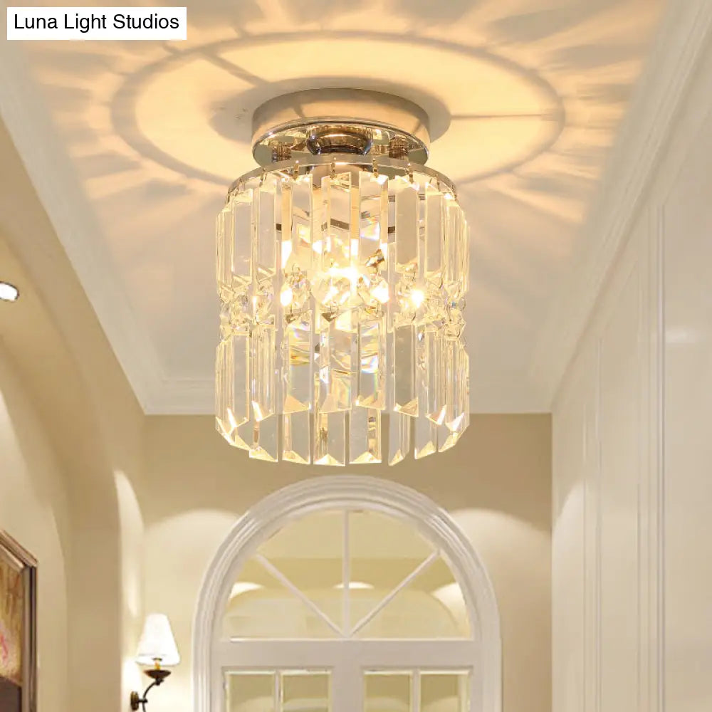 Modern Crystal Cylinder Flush Mount Ceiling Light For Hallway - Chrome Finish