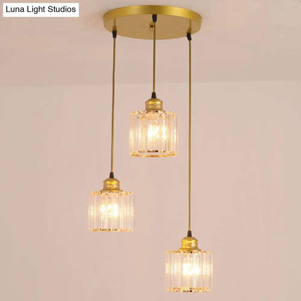 Modern Crystal Cylinder Pendant Light with 3 Bulbs - Gold Finish for Dining Room